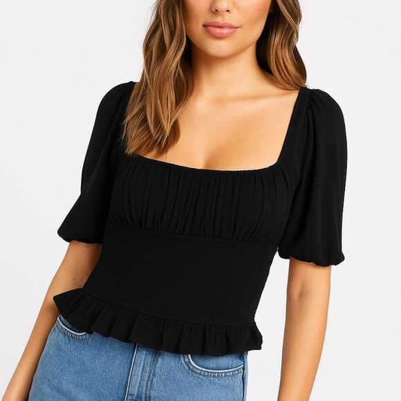 Kookai Simone shirred Crop Top Square Neck Black - Picture 7 of 9